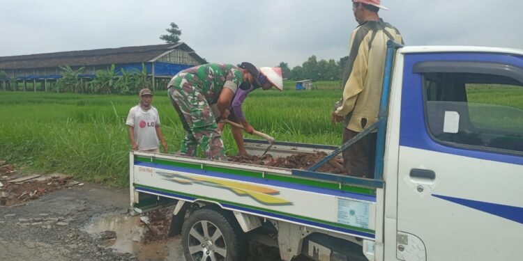 Semangat Gotong Royong, Babinsa Bersama Warga Timbun Jalan Berlubang.