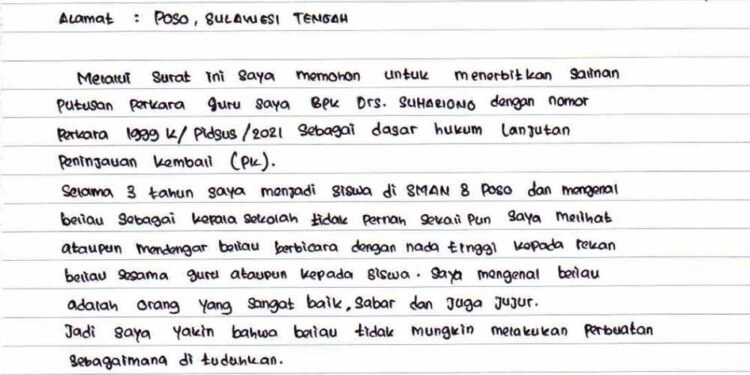 Buntut Kriminalisasi Kepsek, Ratusan Siswa dan Alumni SMAN 3 Poso Kirim Surat ke MA.