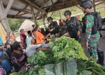 Hidupkan Komunikasi Dua Arah, Satgas Yonif R 142/KJ Anjangsana ke Pasar Bolakme dan Borong Hasil Bumi Mama Papua.