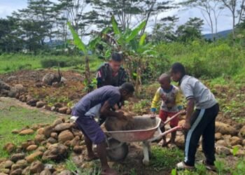 Kebersamaan Satgas Yonif R 200/BN Dengan Masyarakat Bersihkan Gereja Khatolik Di Elelim.Yalimo – Personel Satgas.