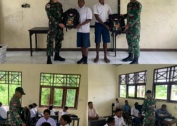 Pacu Semangat Belajar Satgas Yonif 143/TWEJ Bagikan Bantuan Tas Dan Alat Tulis