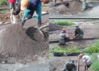Penuh Semangat, Babinsa Dukung Pembangunan Infrastruktur Desa Binaan