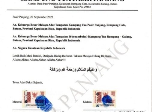 Pernyataan Sikap Warga Masyarakat Pulau Rempang, Kepulauan Riau