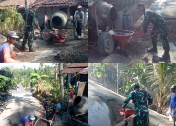 Babinsa Simo Terjun Langsung Gotong Royong Pengecoran Rabat Beton