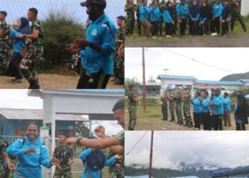 Satgas Mobile Raider 300 Siliwangi Olahraga Bersama Masyarakat Dan Nakes Distrik Sinak Papua