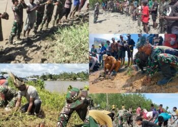 Serentak di Seluruh Jajaran Pos, Satgas Yonif 125/Smb Bersama Masyarakat Dan Pemerintah Setempat Melaksanakan Penanaman Pohon