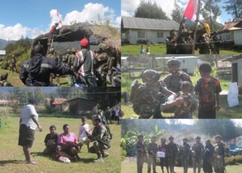 Satgas Yonif 323 Buaya Putih Bagikan Bendera merah putih Dan Sembako Untuk Masyarakat