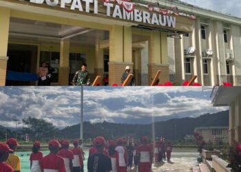 Menjelang Upacara Hari Kemerdekaan RI-79, Satgas Yonif 762/VYS Melatih Paskibraka Kabupaten Tambraw