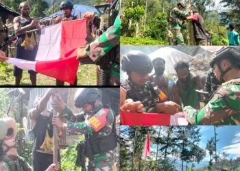 Sambut HUT RI Ke-79 Satgas Yonif 323 Buaya Putih Kibarkan Bendera Bersama Masyarakat