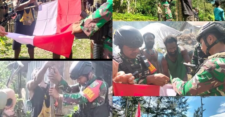 Sambut HUT RI Ke-79 Satgas Yonif 323 Buaya Putih Kibarkan Bendera Bersama Masyarakat