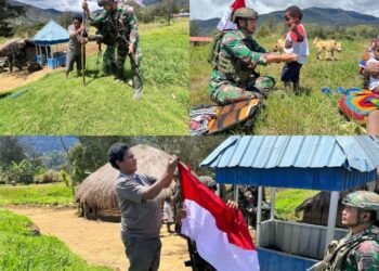 Bangkitkan Semangat Nasionalisme, Pos Gome Satgas Yonif 323 Buaya Putih Pasang Bendera Bersama Masyarakat