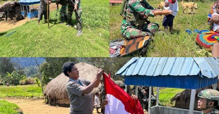 Bangkitkan Semangat Nasionalisme, Pos Gome Satgas Yonif 323 Buaya Putih Pasang Bendera Bersama Masyarakat