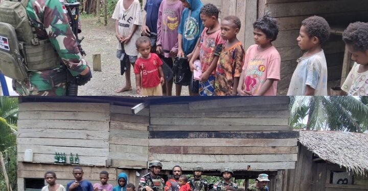 Berbagi Keceriaan, Satgas Pamtas Yonif 131/BRS Bagikan Alat Tulis di Pedalaman Papua