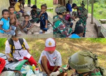Peduli Kesehatan Masyarakat di Perbatasan RI-PNG, Satgas Yonif 131/BRS Beri Pengobatan Gratis Kepada Masyarakat
