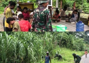 Dengan Bergotong Royong, Satgas Yonif 131/BRS Bersama Warga Bersihkan Lingkungan