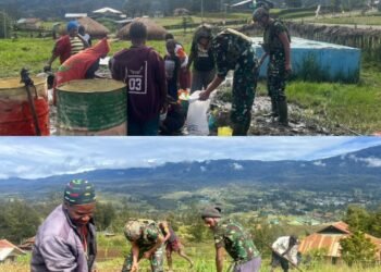 Bersihkan Lingkungan Bersama, Bukti Kedekatan Satgas Yonif 323 Dengan Masyarakat