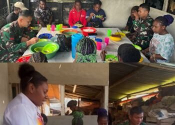 Satgas Yonif 323 Buaya Putih Makan Bersama Pemuda-Pemudi Papua di TK Kosatgas