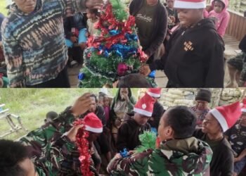 Satgas Yonif 323 Buaya Putih Hias Pohon Natal Bersama Masyarakat : Wujud Kebersamaan di Hari Raya