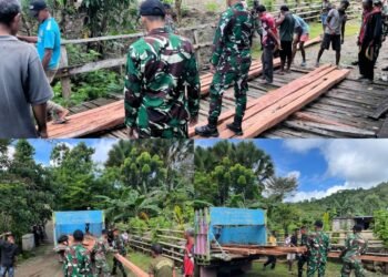 Pos Salore Satgas Yonif 741/GN Laksanakan Karya Bakti Perbaikan Jembatan di Daerah Perbatasan