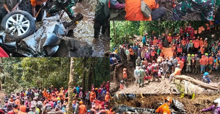 Evakuasi Korban Tanah Longsor di Desa Pacet, TNI/ KODIM 0815 Mojokerto Bersama Relawan.