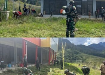 Prajurit TNI dan Warga Bergotong Royong Bersihkan Puskesmas Mayuberi di Tengah Pegunungan Papua