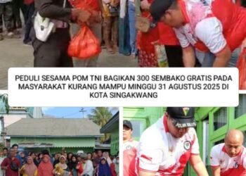 Dansubdenpom XII/1-1 Singkawang Bagikan 300 Paket Sembako Untuk Warga Kurang Mampu
