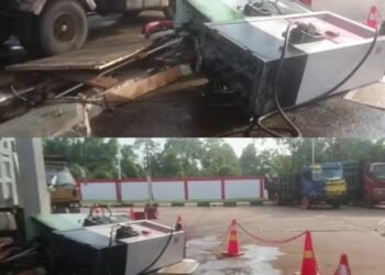 Viral!!,, Truk Tabrak Mesin SPBU, Diduga Berebut Solar Subsidi di Teluk Bakung