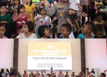 Polres Tapteng Rayakan Natal 2025 Bersama Pengungsi Korban Bencana di GOR Pandan