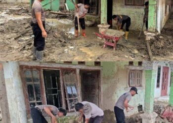 Tak Kenal Lelah, Polda Sumut Terus Bantu Bersihkan Rumah Warga Terdampak Banjir di Batang Toru