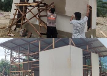 Brimob Polda Sumut Bersama Warga Percepat Pembangunan Hunian Sementara Korban Banjir di Tapsel