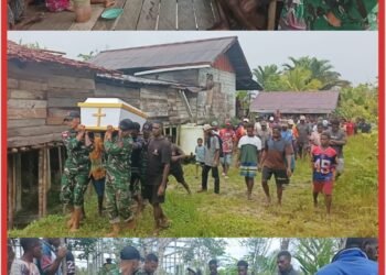 Wujud Kepedulian, Pos Kaibar Satgas Yonif 123/Rajawali Hadiri Pemakaman Warga Kampung Amazu