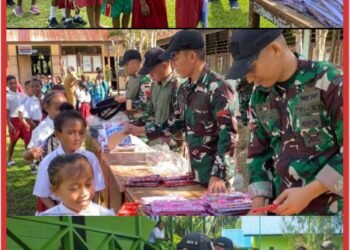Bentuk Kepedulian Terhadap Pelajar, Satgas Yonif 643/Wns Bagikan Seragam Sekolah, Tas, ATK dan Pensil Warna