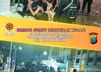 Brimob Sumut Bertindak Tegas! 18 Pemuda dan 12 Sepeda Motor Diamankan dalam Patroli Antisipasi Balap Liar di Kota Medan.