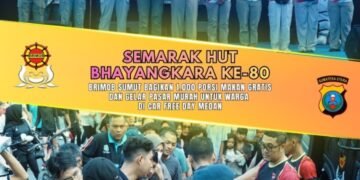 “Semarak HUT Bhayangkara ke-80, Brimob Sumut Bagikan 1.000 Porsi Makan Gratis dan Gelar Pasar Murah untuk Warga di Car Free Day Medan”