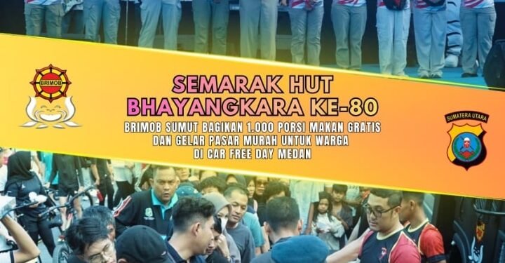 “Semarak HUT Bhayangkara ke-80, Brimob Sumut Bagikan 1.000 Porsi Makan Gratis dan Gelar Pasar Murah untuk Warga di Car Free Day Medan”
