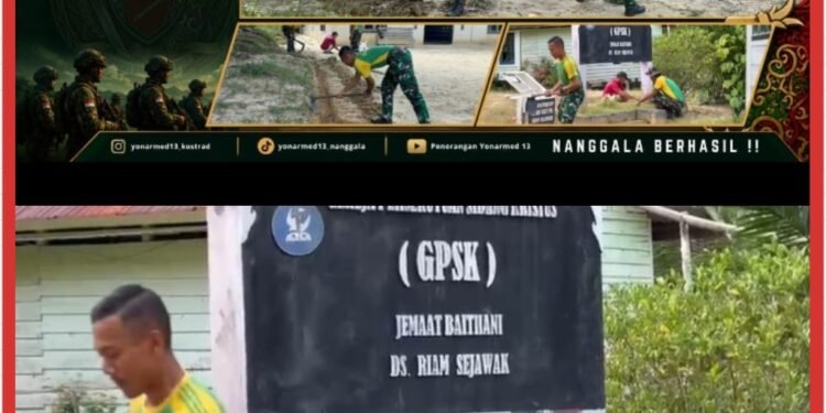 Wujudkan Toleransi dan Gotong Royong, Satgas Pamtas Yonarmed 13/Nanggala Bersama Warga Gelar Kerja Bakti Bersihkan Gereja di Desa Riam Sejawak