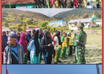 Sambut HUT RI, Pos Walesi Satgas Yonif 645/Gardatama Yudha Bersama Warga, Kibarkan Merah Putih di Bukit Walesi