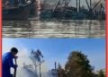 Bangkai Kapal Leoton Terbakar di Pelabuhan Limbung, Satpolairud dan Warga Berjibaku Padamkan Api