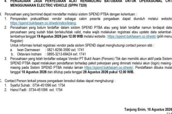 PTBA Buka Lelang Empat Paket Jasa Tambang, Pendaftaran Dimulai 10 Agustus 