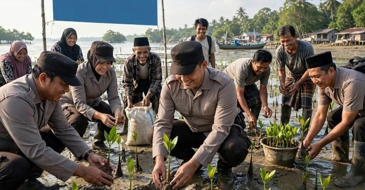 Kapolres Langkat Bersama Masyarakat Tanam Mangrove, Jaga Eko Sistem Pesisir dan Dukung Ekonomi Nelayan